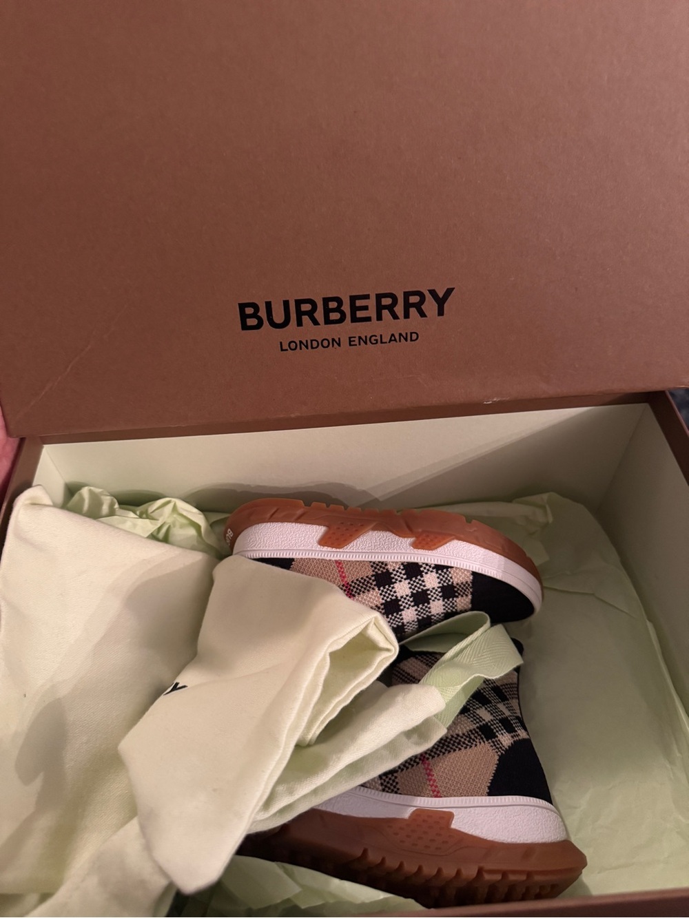 Burberry Plaid Sock-Style Ankle Sneakers - Black/Tan/Gum - Picture 7 of 11